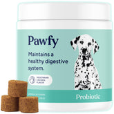 Pawfy Probiotics for Dogs packaging promotes digestive balance