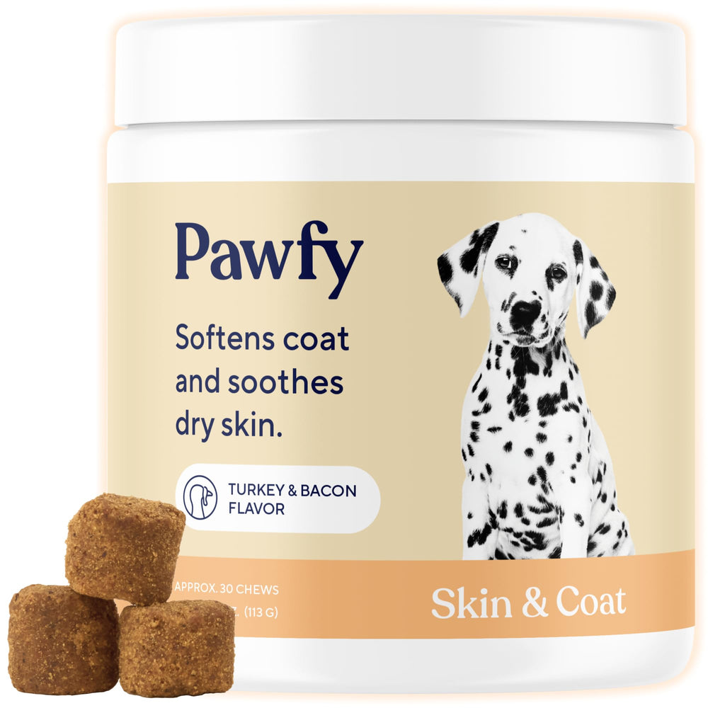 Pawfy Skin & Coat salmon oil bottle supports healthy skin and coat.