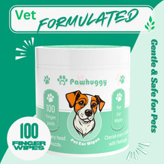 Pawhuggy ear wipes close-up shows gentle cleaning action for wax and odor.