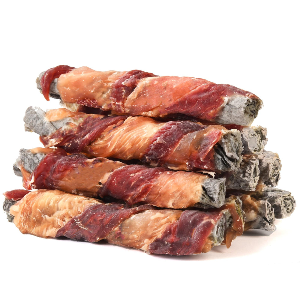 Pawmate chicken duck wrapped cod skin sticks pack showing long chew