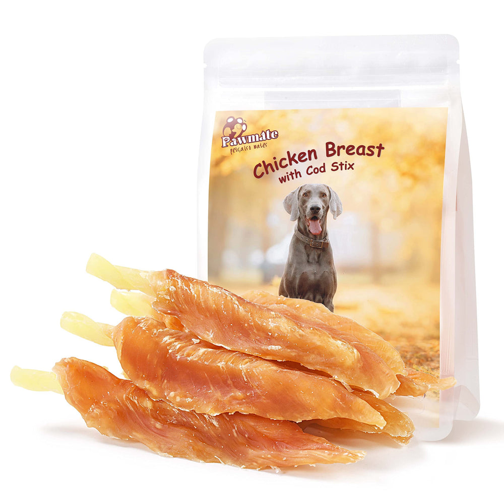Pawmate chicken-tender wrapped cod sticks in package, highlighting premium protein.