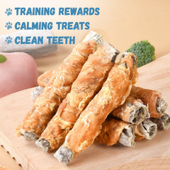 Dog chewing Pawmate sticks demonstrates long-lasting engagement during treat time.
