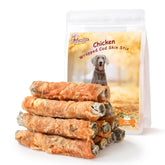 Pawmate packaging shows chicken wrapped cod sticks with natural ingredients for dogs.