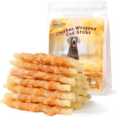 Pawmate chicken wrapped cod sticks treat pack for durable chewing and training.