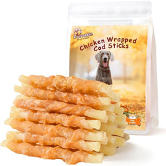 Pawmate chicken wrapped cod sticks treat pack for durable chewing and training.