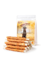 Pawmate chicken-wrapped rawhide stick closeup for long-lasting chewing.