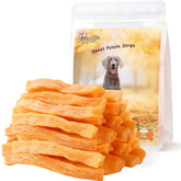Pawmate Sweet Potato Treats packaging highlights grain-free, low-fat benefits for all dogs.