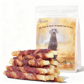 Pawmate triple flavor treats showing chicken, duck, and cod sticks for tasty chewing and training support.