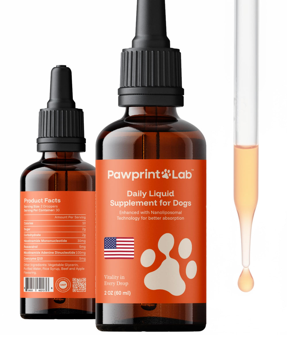 PAWPRINT Lab NAD+ NMN drops bottle supports daily vitality for dogs.