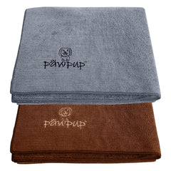 PAWPUP two-pack towels in brown and grey for quick, gentle drying