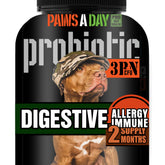 Paws A Day army soldier owned probiotic bottle promotes gut balance for dogs.