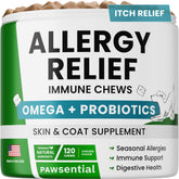 PAWSential allergy relief dog chews bottle for easy daily dosing