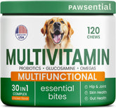 Pawsential Dog Vitamins bottle highlights a comprehensive supplement for hip, skin, and gut support.