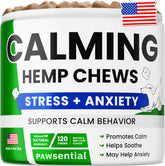 Pawsential hemp calming chews jar front for dog anxiety relief.
