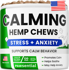 Pawsential hemp calming chews jar front for dog anxiety relief.