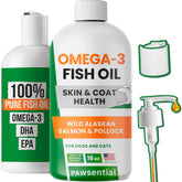 Pawsential Omega-3 dog oil bottle shows salmon-based formula for healthier skin and coat.