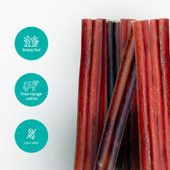 Pawsome Ranch bully sticks close-up texture highlights natural beef chew loved by dogs.
