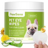 PawSono Eye Wipes packaging shows a 100-count pack for easy home care.