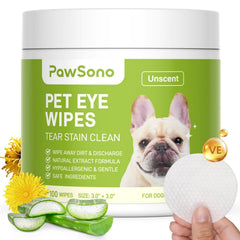 PawSono Eye Wipes packaging shows a 100-count pack for easy home care.
