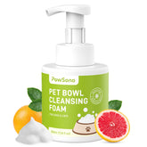 PawSono pet bowl cleaner mousse clings to a bowl for quick, residue-free cleaning.