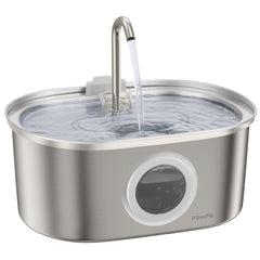 PAWSPIK SS-01 front view shows a sleek stainless steel cat fountain for hygienic hydration.