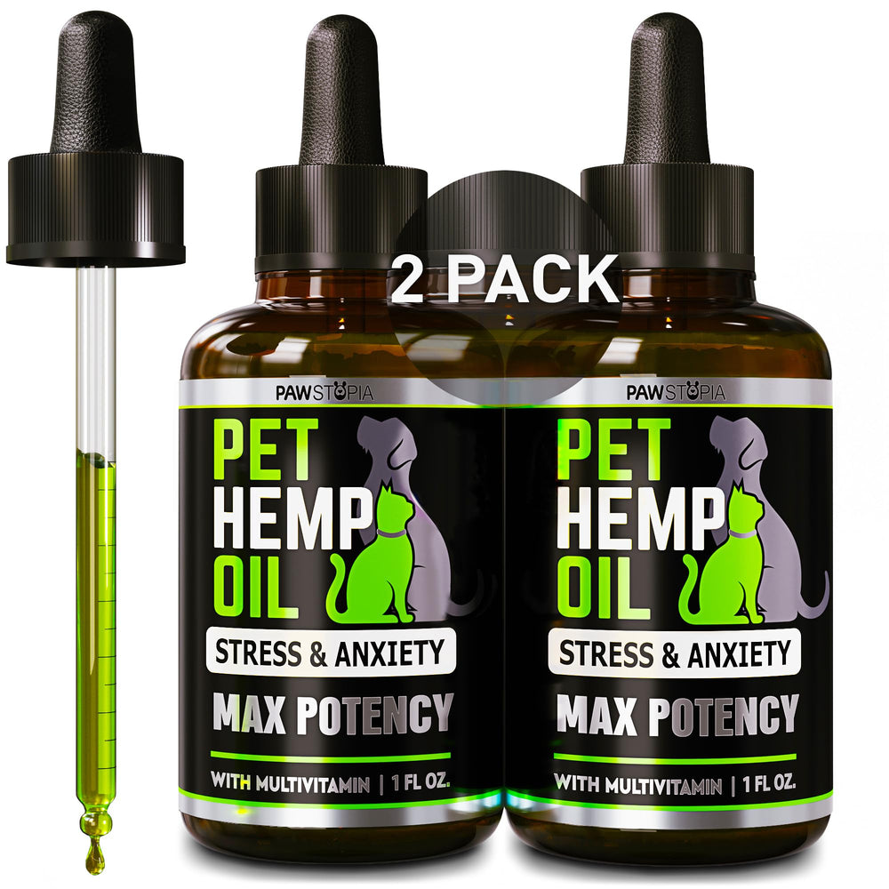 Pawstopia hemp oil bottle for dogs and cats supports calm mood naturally.