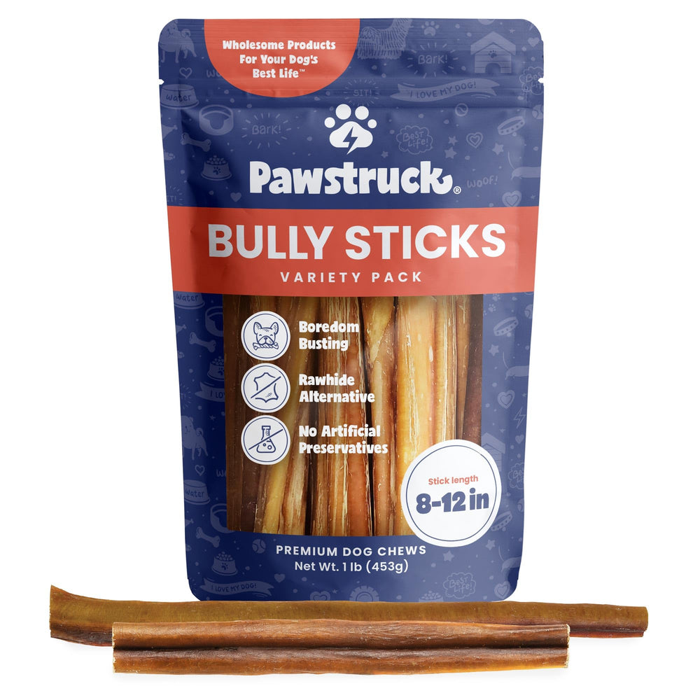 Pawstruck bully stick 8-12 inch, long-lasting chew for dogs.