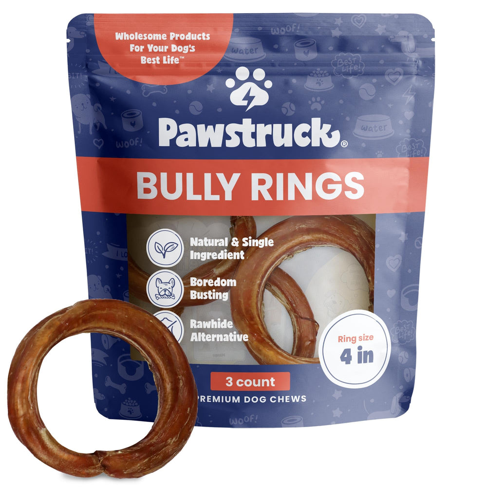 Pawstruck bully stick rings 4-inch closeup, premium beef texture for lasting chew