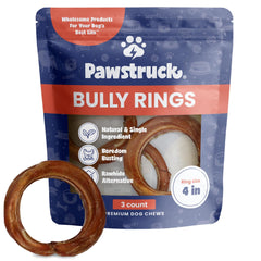 Pawstruck bully stick rings 4-inch closeup, premium beef texture for lasting chew