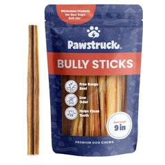 Pawstruck 9-inch bully sticks for dogs offer long lasting chewing and natural beef aroma.