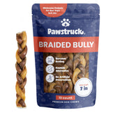Pawstruck natural 7inch braided bully sticks packaging shows rawhide-free chew option for dogs