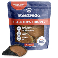 Pawstruck peanut butter filled cow hooves packaging image, USA-made dog chew option.