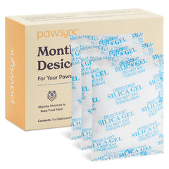 Pawsync 3-pack desiccant with freshness reminder beside dry pet food