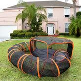 Pawtenda hexagonal tent enclosure for outdoors shows a secure play space with ventilation.