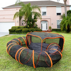 Pawtenda hexagonal tent enclosure for outdoors shows a secure play space with ventilation.