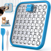 Pawtners lick mat close-up on stainless steel surface for slow feeding.