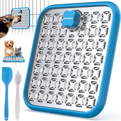 Pawtners lick mat close-up on stainless steel surface for slow feeding.