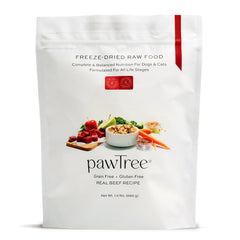 pawTree Freeze-Dried Raw Beef Recipe packaging with real ingredients, shelf-stable convenience.