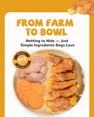 Close-up of PAWUP chicken jerky wrapped sweet potato snack.
