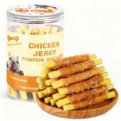 PAWUP Chicken Wrapped Biscuits Pumpkin Sticks package on display for training rewards