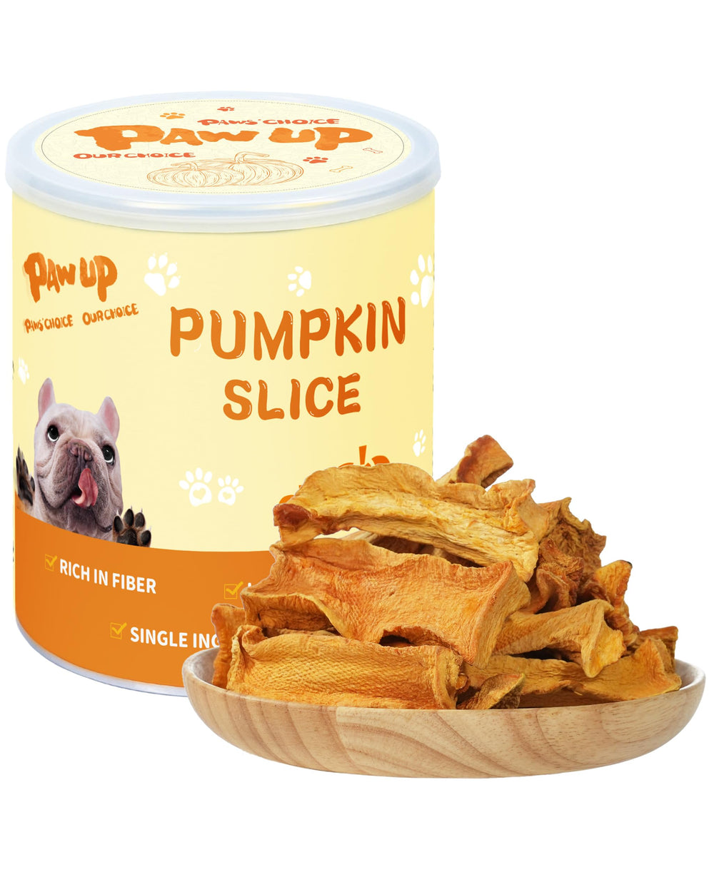 PAWUP pumpkin slices packshot; real pumpkin and simple ingredients ideal for training rewards