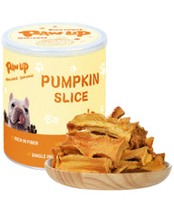 PAWUP pumpkin slices packshot; real pumpkin and simple ingredients ideal for training rewards