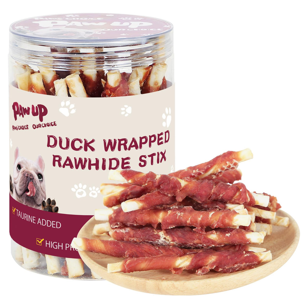 PAWUP packaging of duck rawhide sticks shows natural ingredients for small dogs