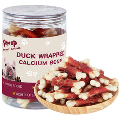 PAWUP duck-wrapped dog bones bag showcases duck flavor and clean-teeth concept.