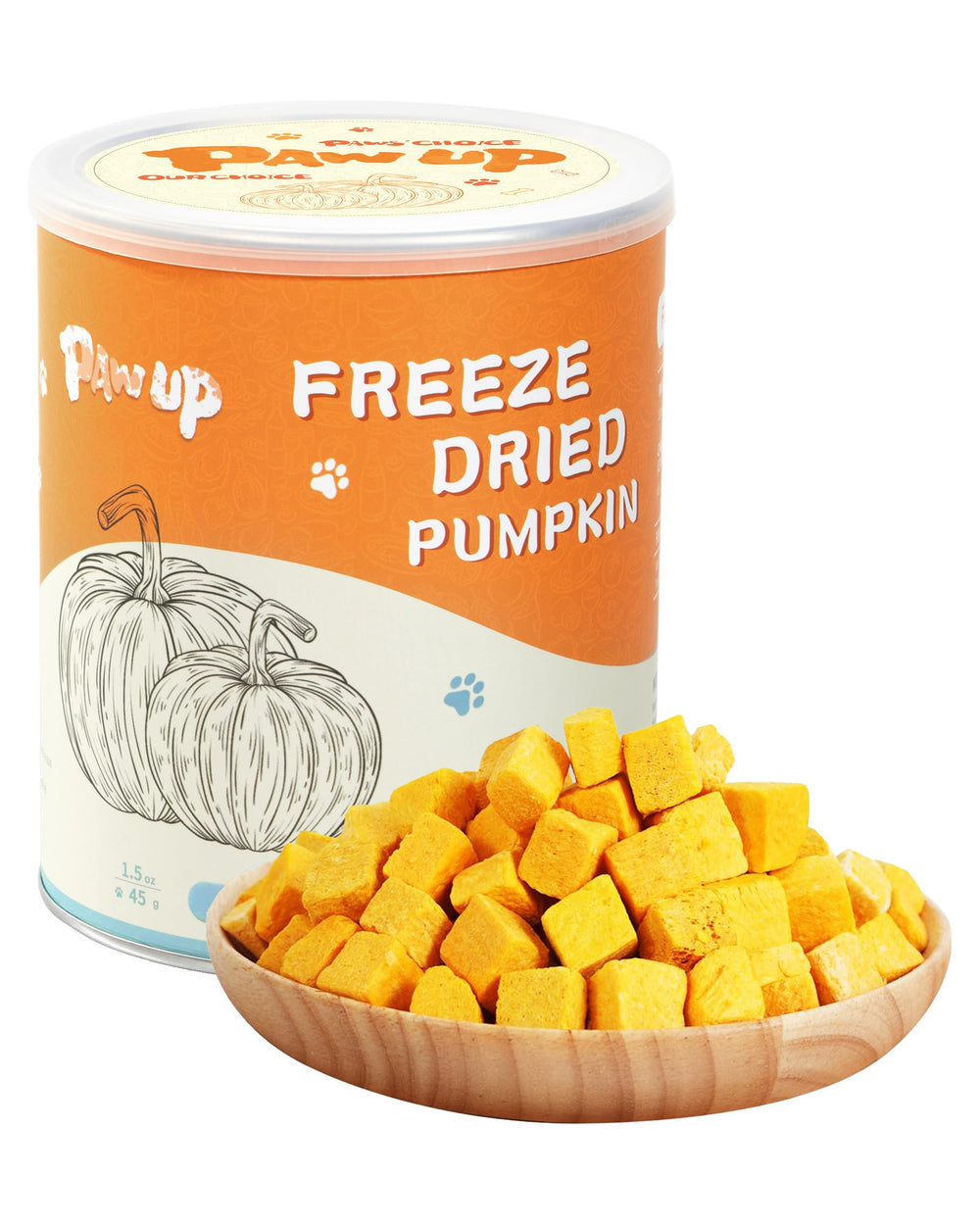 PAWUP freeze-dried pumpkin treats for dogs and cats in a resealable bag.
