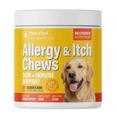 PawVital Dog Allergy Chews bottle front shows a salmon-flavored daily relief option