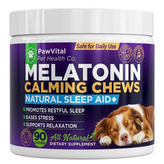 PawVital Melatonin Calming Chews in a dog bowl support restful sleep for dogs