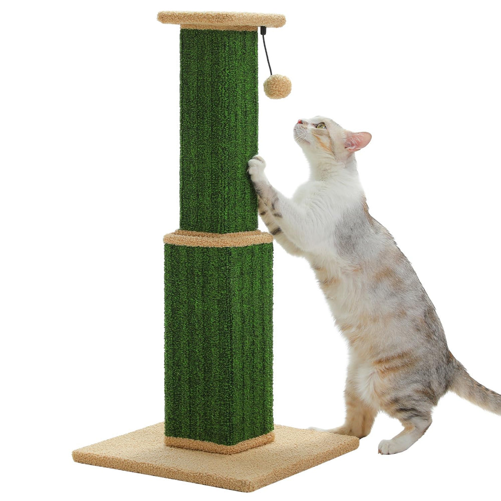 PAWZ Road carpet scratching post stands 32 inches tall for stretching and lounging.