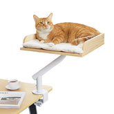 PAWZ Road cat desk bed with wooden frame offers space-saving comfort beside your workspace.