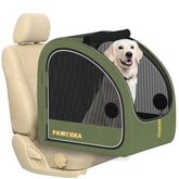 PAWZIDEA crate front view on car seat for upright space
